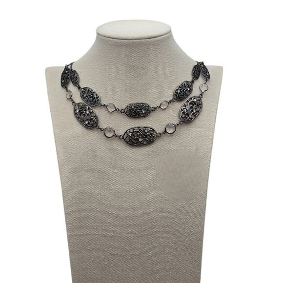 Filigree Double Layer Necklace with Crystal Accents - Picture 5 of 7